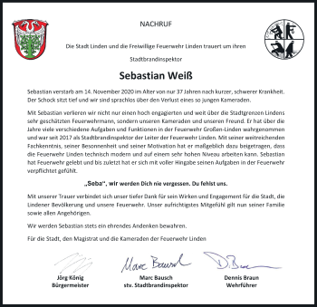 Traueranzeige von Sebastian Weiß von Giessener Allgemeine, Alsfelder Allgemeine
