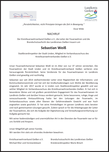 Traueranzeige von Sebastian Weiß von Giessener Allgemeine, Alsfelder Allgemeine