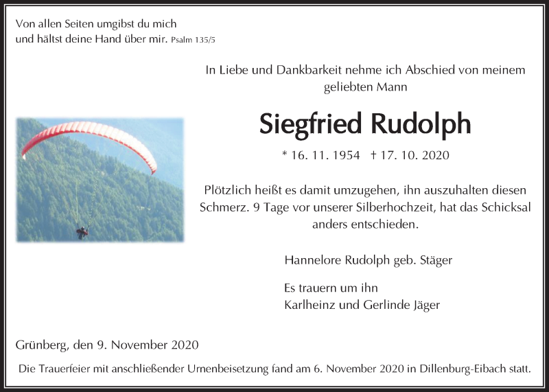  Traueranzeige für Siegfried Rudolph vom 09.11.2020 aus Giessener Allgemeine, Alsfelder Allgemeine