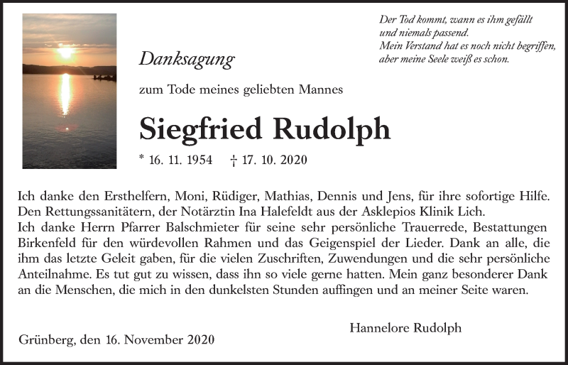  Traueranzeige für Siegfried Rudolph vom 16.11.2020 aus Giessener Allgemeine, Alsfelder Allgemeine