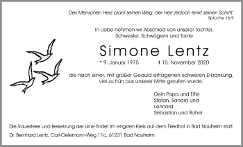 Traueranzeige von Simone Lentz von Wetterauer Zeitung