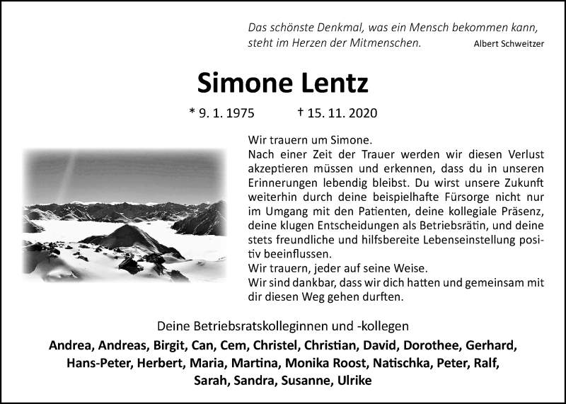  Traueranzeige für Simone Lentz vom 21.11.2020 aus Wetterauer Zeitung