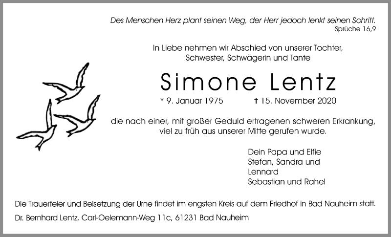  Traueranzeige für Simone Lentz vom 28.11.2020 aus Wetterauer Zeitung