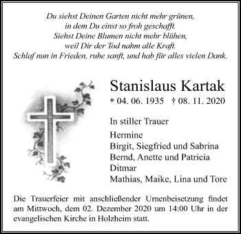 Traueranzeige von Stanislaus Kartak von Giessener Allgemeine, Alsfelder Allgemeine