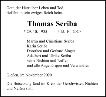 Traueranzeige von Thomas Scriba von Alsfelder Allgemeine, Giessener Allgemeine