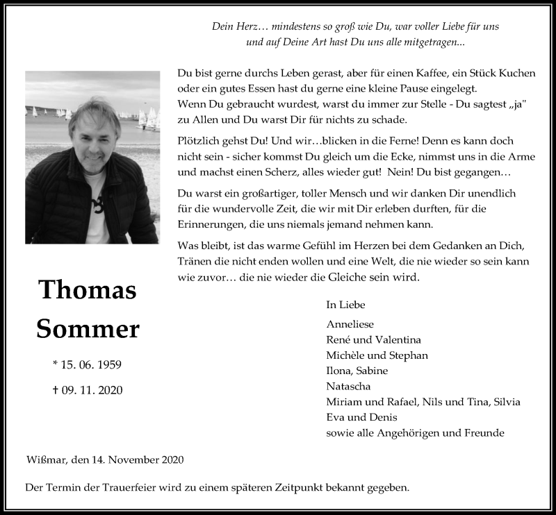  Traueranzeige für Thomas Sommer vom 14.11.2020 aus Giessener Allgemeine, Alsfelder Allgemeine