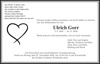 Traueranzeige von Ulrich Gorr von Giessener Allgemeine, Alsfelder Allgemeine