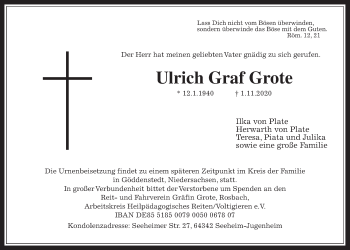 Traueranzeige von Ulrich Graf Grote von Wetterauer Zeitung