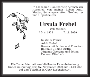 Traueranzeige von Ursula Frebel von Wetterauer Zeitung