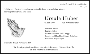Traueranzeige von Ursula Huber von Wetterauer Zeitung