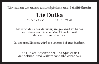 Traueranzeige von Ute Dutka von Mücker Stimme