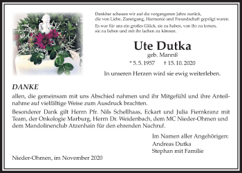 Traueranzeige von Ute Dutka von Mücker Stimme