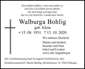 Traueranzeige von Walburga Bohlig von Licher Wochenblatt