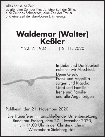 Traueranzeige von Waldemar Keßler von Giessener Allgemeine, Alsfelder Allgemeine
