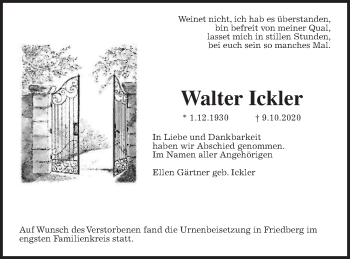 Traueranzeige von Walter Ickler von Wetterauer Zeitung
