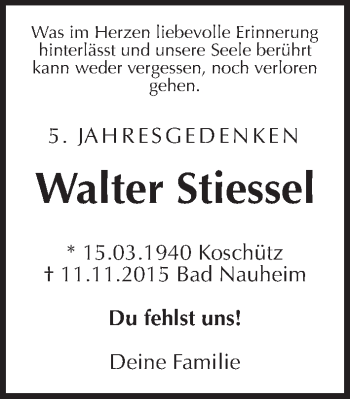 Traueranzeige von Walter Stiessel von Wetterauer Zeitung