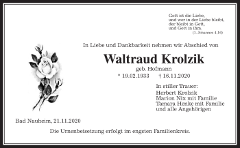 Traueranzeige von Waltraud Krolzik von Wetterauer Zeitung