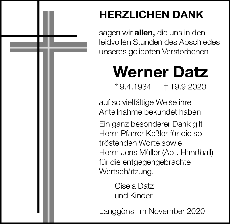  Traueranzeige für Werner Datz vom 07.11.2020 aus Alsfelder Allgemeine, Giessener Allgemeine
