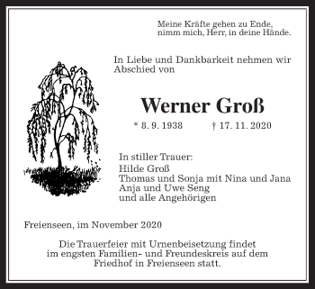 Traueranzeige von Werner Groß von Giessener Allgemeine, Alsfelder Allgemeine