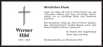 Traueranzeige von Werner Hild von Giessener Allgemeine, Alsfelder Allgemeine