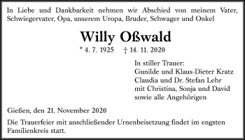 Traueranzeige von Willy Oßwald von Giessener Allgemeine, Alsfelder Allgemeine
