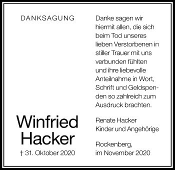 Traueranzeige von Winfried Hacker von Wetterauer Zeitung