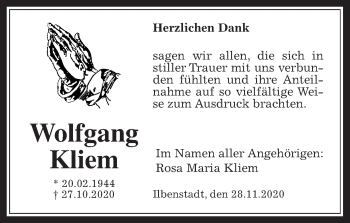 Traueranzeige von Wolfgang Kliem von Wetterauer Zeitung