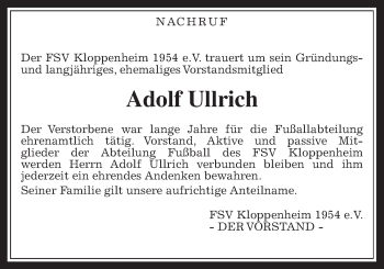 Traueranzeige von Adolf Ullrich von Wetterauer Zeitung