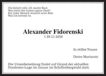 Traueranzeige von Alexander Fidorenski von Giessener Allgemeine, Alsfelder Allgemeine