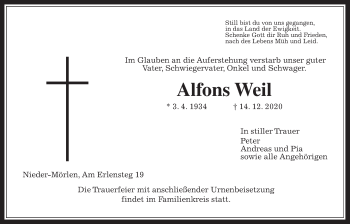 Traueranzeige von Alfons Weil von Wetterauer Zeitung