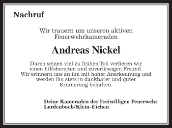 Traueranzeige von Andreas Nickel von Giessener Allgemeine, Alsfelder Allgemeine