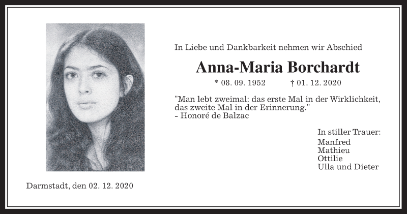  Traueranzeige für Anna-Maria Borchardt vom 05.12.2020 aus Wetterauer Zeitung, Giessener Allgemeine, Alsfelder Allgemeine