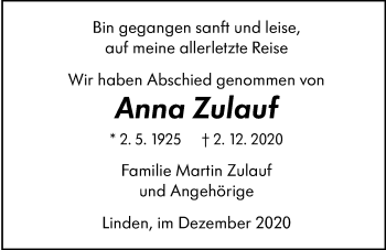 Traueranzeige von Anna Zulauf von Giessener Allgemeine, Alsfelder Allgemeine