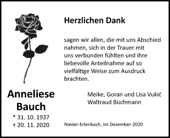Traueranzeige von Anneliese Bauch von Bad Vilbel/Karben