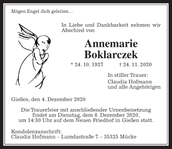 Traueranzeige von Annemarie Boklarczek von Giessener Allgemeine, Alsfelder Allgemeine