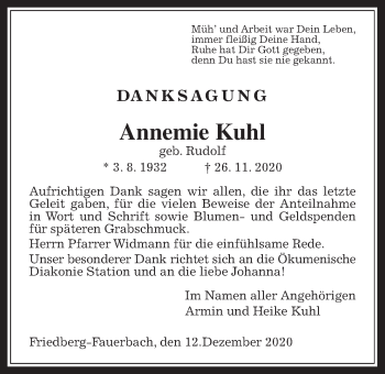 Traueranzeige von Annemie Kuhl von Wetterauer Zeitung