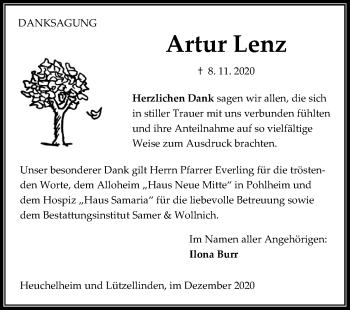 Traueranzeige von Artur Lenz von Giessener Allgemeine, Alsfelder Allgemeine