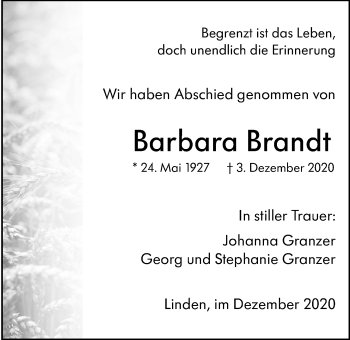 Traueranzeige von Barbara Brandt von Giessener Allgemeine, Alsfelder Allgemeine