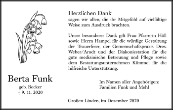 Traueranzeige von Berta Funk von Giessener Allgemeine, Alsfelder Allgemeine