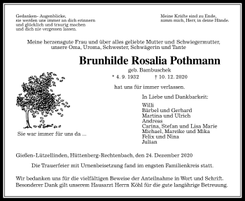 Traueranzeige von Brunhilde Rosalia Pothmann von Giessener Allgemeine, Alsfelder Allgemeine