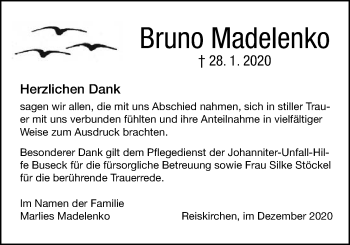Traueranzeige von Bruno Madelenko von Reiskirchener Anzeiger