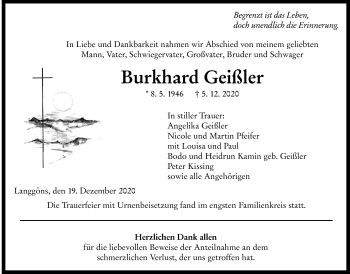 Traueranzeige von Burkhard Geißler von Giessener Allgemeine, Alsfelder Allgemeine