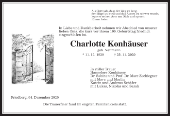Traueranzeige von Charlotte Konhäuser von Wetterauer Zeitung
