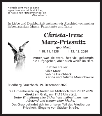 Traueranzeige von Christa-Irene Marx-Priesnitz von Wetterauer Zeitung