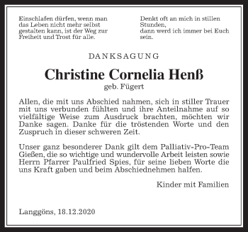 Traueranzeige von Christine Cornelia Henß von Giessener Allgemeine, Alsfelder Allgemeine