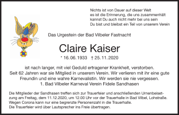Traueranzeige von Claire Kaiser von Bad Vilbel/Karben