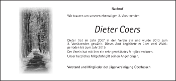 Traueranzeige von Dieter Coers von Giessener Allgemeine, Alsfelder Allgemeine