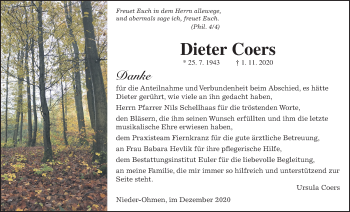Traueranzeige von Dieter Coers von Giessener Allgemeine, Alsfelder Allgemeine