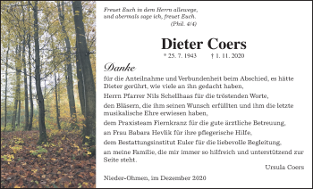 Traueranzeige von Dieter Coers von Mücker Stimme