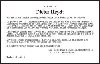 Traueranzeige von Dieter Heydt von Wetterauer Zeitung